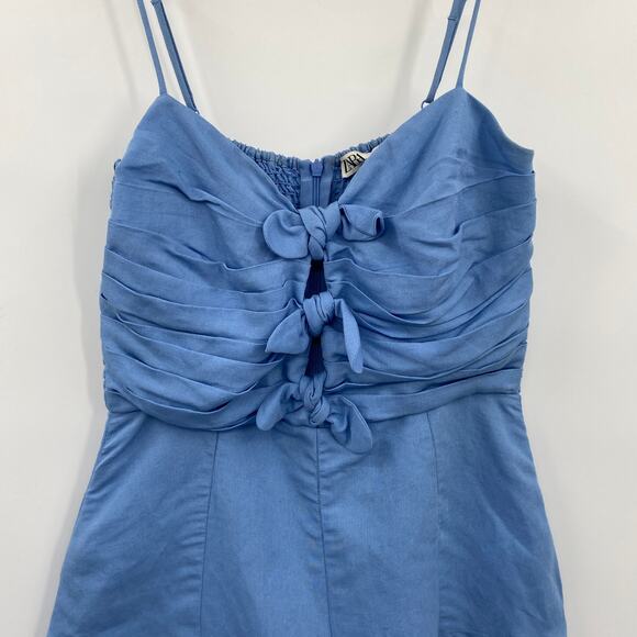 Zara Cut Out Bow Front Romper Linen Blend Chambray Blue Blogger Fave Womens S - Picture 5 of 12
